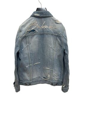 🚩steal Balmain Light Blue Distressed Denim Jacket with Script Logo
